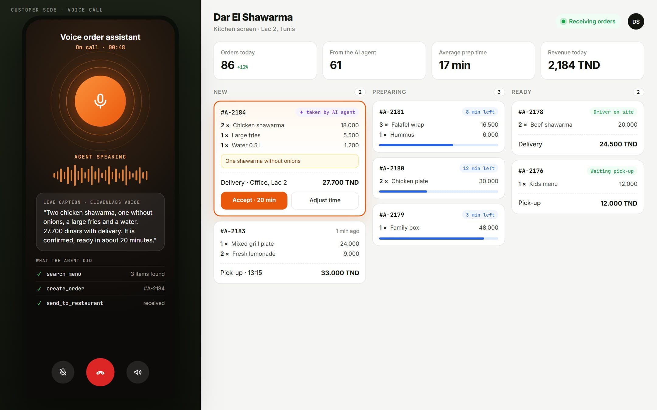 A customer speaking with the voice ordering agent, next to the restaurant's order screen